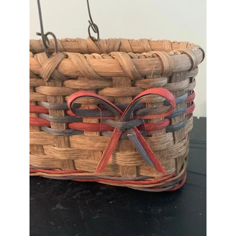 Vintage Mini Woven Basket Wire Handle Wooden Grip Country Decor Bow